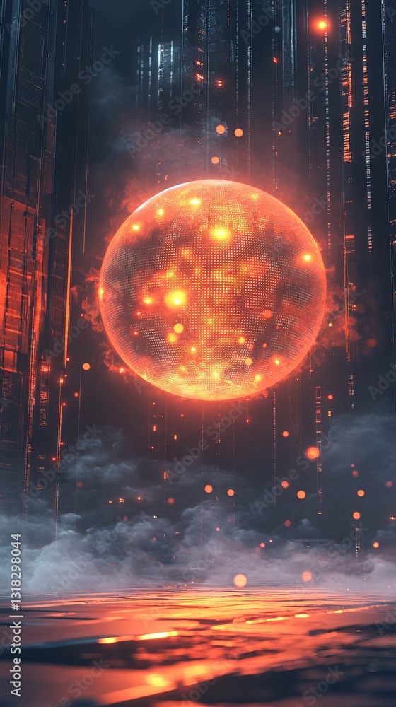 Poster a striking glowing orb hovers in a futuristic environment, enveloped in mist and illuminated by vibr
