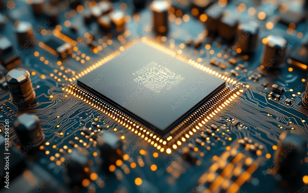 Poster closeup shot of a semiconductor chip on a circuit board, illustrating the detailed microelectronics 