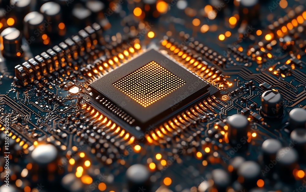 Poster closeup view of a semiconductor chip on a circuit board, emphasizing the precision of electronic com