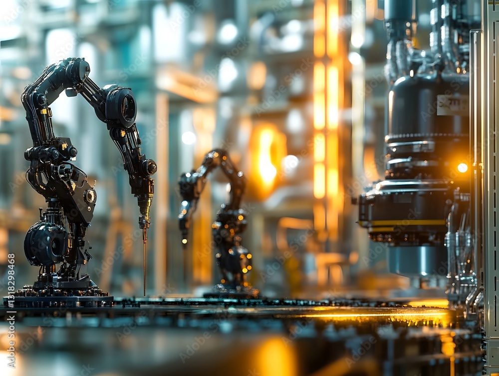 Aufkleber a futuristic industrial setting showcasing robotic arms in a vibrant manufacturing environment, emph