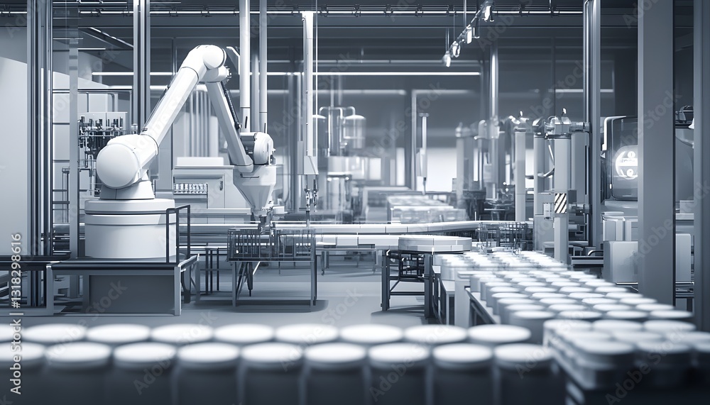 Poster a modern factory setting featuring advanced robotic machinery in action, showcasing automation and e