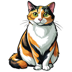 A serene calico cat, predominantly white, sits peacefully.  Focus on the cat's calm demeanor and soft fur.