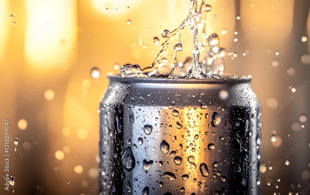 Poster a refreshing beverage can is splashed with droplets, backlit by soft golden lights. the image captur