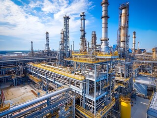 A panoramic view of a modern industrial plant showcasing intricate pipelines, tall smokestacks, and vibrant blue sky