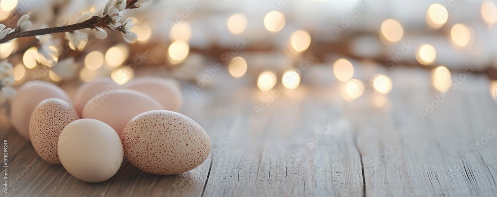 Poster soft pastel eggs rest on a wooden surface, illuminated by warm twinkling lights, creating a serene a