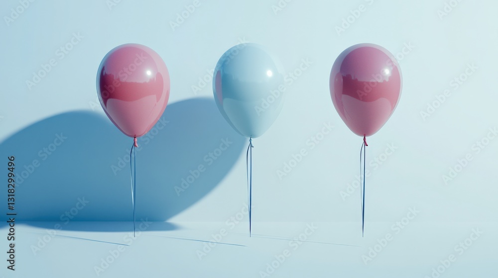 Poster three colorful balloons in a minimalist setting casting soft shadows on a light blue background