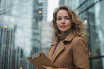 Woman in coat holding clipboard in busy city square, surrounded by tall buildings and bustling crowd.