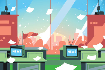 A chaotic newsroom scene at night, under a vibrant starry sky; multiple screens displaying breaking news, journalists rushing, papers scattered.