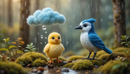 Obraz premium Cute Chick and Blue Jay in Rainy Forest Scene Adorable baby birds under a fluffy cloud