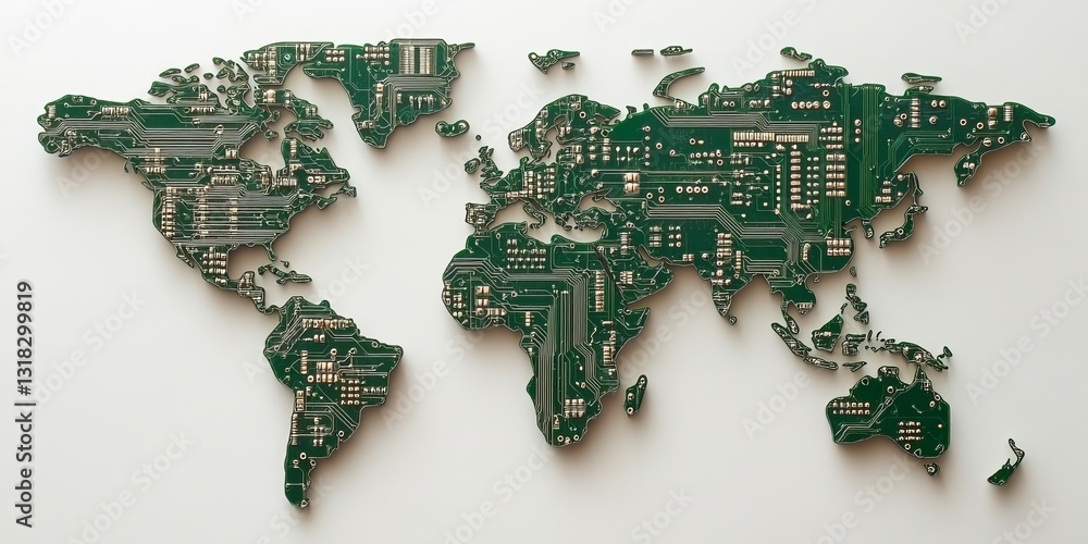 Poster artistic representation of a world map formed by a circuit board design, symbolizing technology and 