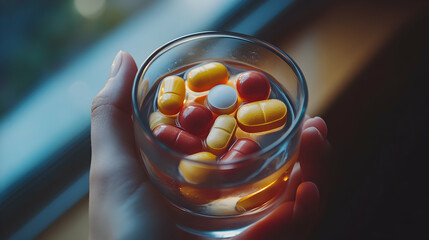 A Hand Holds a Glass of Medication: Pills and Tablets Dissolve in Water for Relief