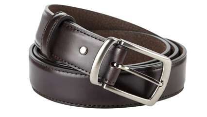 Brown leather belt with silver metal buckle rolled up isolated on transparent background
