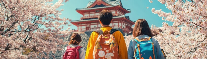 Fototapeta premium Friends Admiring Cherry Blossoms and Pagoda in Springtime Landscape