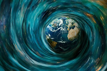 Earth Surrounded by Swirling Blue Water in a Cosmic Tunnel Effect