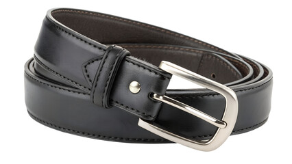 Black leather belt with silver metal buckle rolled up isolated on transparent background