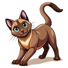 A stunning Burmese cat, sleek and glossy dark brown coat, stretches languidly, showcasing its elegant physique.