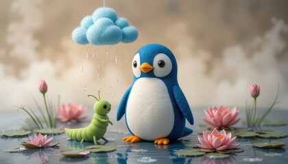 Naklejka premium Adorable Penguin and Caterpillar Under Rainy Cloudscape near Pink Water Lilies