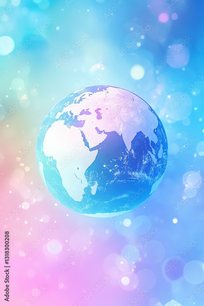 Poster vibrant abstract background featuring a globe with continents in soft colors and bokeh effects, idea
