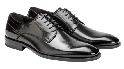 Pair of black leather formal dress shoes with laces isolated on transparent background