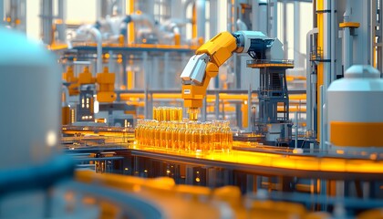 A state-of-the-art industrial automation scene featuring robotic arms working on a production line