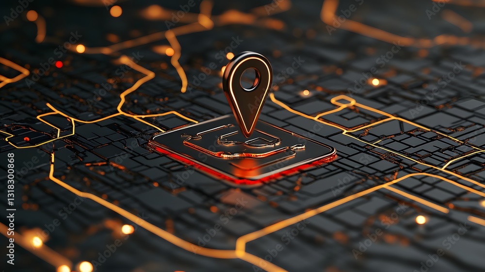 Aufkleber modern navigation symbol over digital city map with glow effects