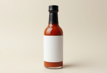 Hot sauce bottle mockup with blank label on beige background.
