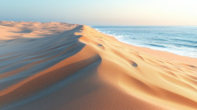 Coastal dunes meet ocean, sunset light casting long shadows on the sandy landscape