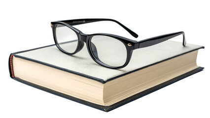 Pair of black-framed eyeglasses on a hardcover book, isolated on Transparent background