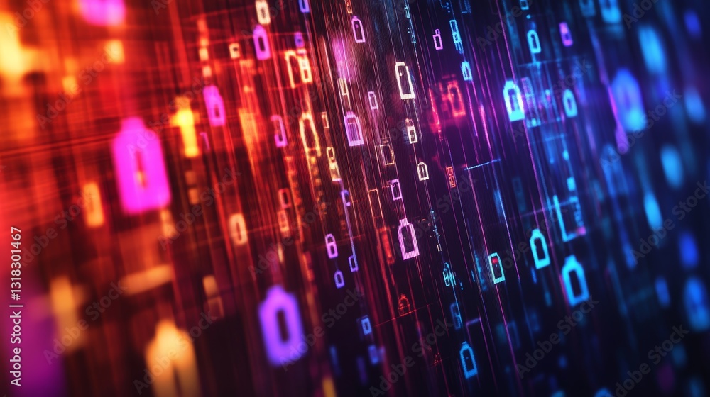 Poster vibrant abstract background featuring colorful lock icons and data streams. perfect for illustrating