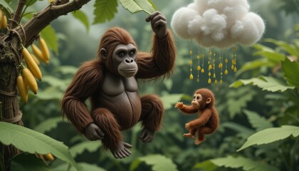 Obraz premium Orangutan Mother and Baby Playing in Lush Rainforest with a Cloud Mobile