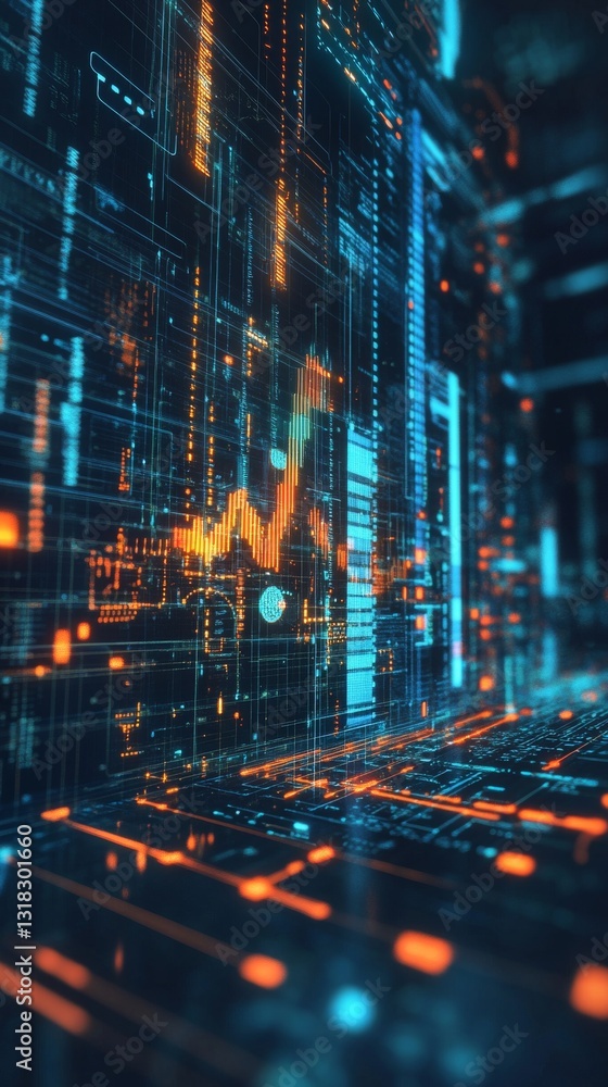 Poster futuristic digital landscape with colorful data visualization and neon patterns