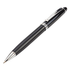 Sleek black ballpoint pen with silver accents, isolated on Transparent background