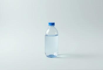 Clear plastic water bottle mockup with blue cap on white background.