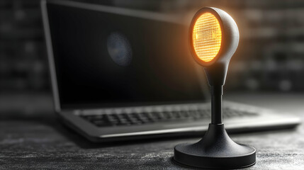 Illuminated Desktop Mic, Digital Audio Recording Setup near Laptop