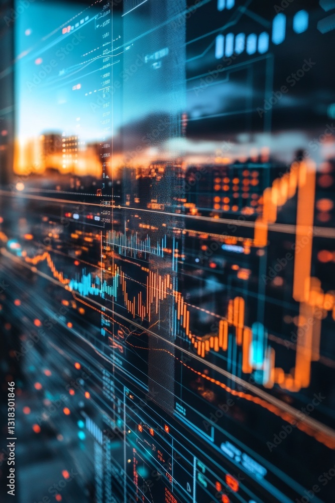 Poster dynamic data visualization of financial trends with graphs and statistics in modern business environ