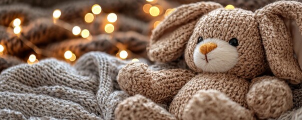 Fototapeta premium A cozy, knitted bunny toy rests on a textured blanket, surrounded by soft lighting, evoking warmth and comfort.