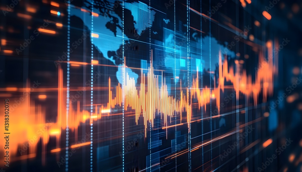 Poster an abstract visualization of financial data featuring a world map and vibrant graphs. this image sym