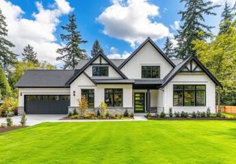 Obraz premium New construction home in a rustic, white cottage style with a dark roof and blue accents, a large front yard with green grass, landscape design with native plants