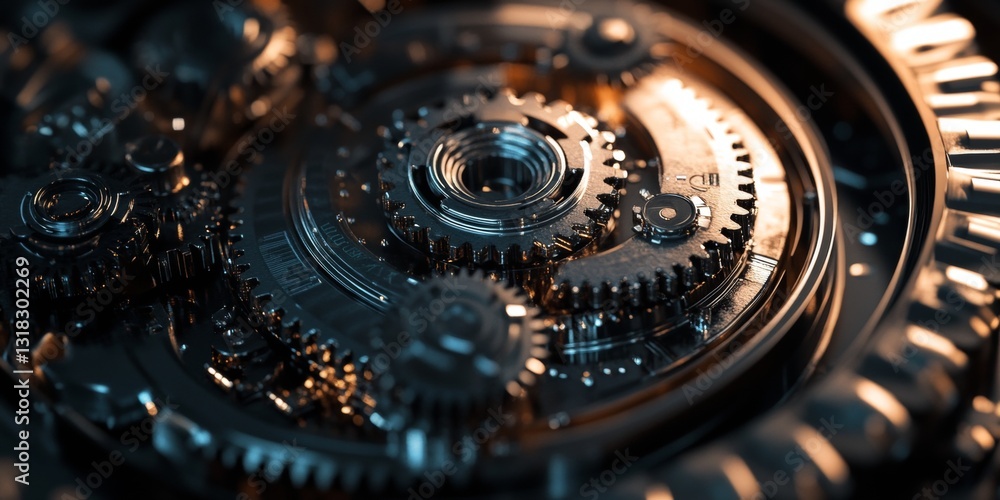 Poster closeup of intricate gears and mechanisms under ambient light in a technological setting