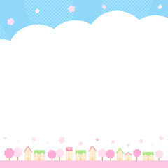 春の桜と街並み、正方形のバナー背景のイラスト、青空と桜