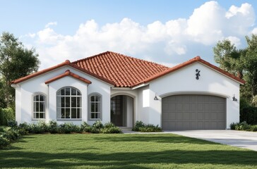 Obraz premium a single-story California house with white stucco and an orange roof. In the background, there is a blue sky and a green grass lawn.