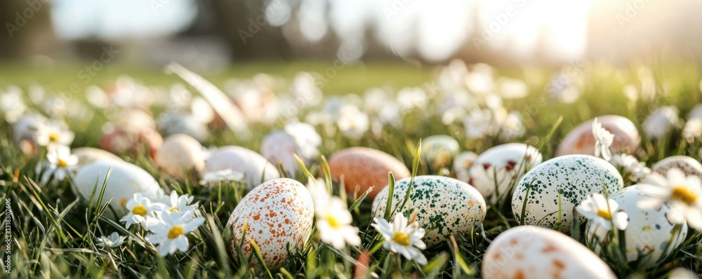 Poster a colorful array of easter eggs nestled among daisies in a sunlit grass field, creating a festive an