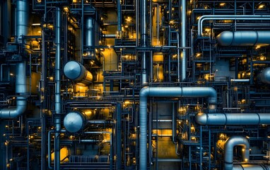 An intricate network of industrial pipes illuminated with soft yellow lights, showcasing the complexity of modern engineering and technology in a rich, urban environment.