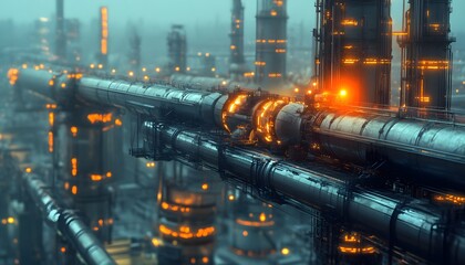 An intricate view of an industrial facility showcasing interconnected pipelines and glowing lights amidst a misty atmosphere, highlighting the essence of modern manufacturing.