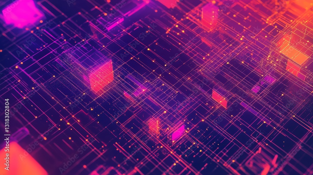 Poster a colorful, abstract image of a cityscape with many small squares and lines. the colors are bright a