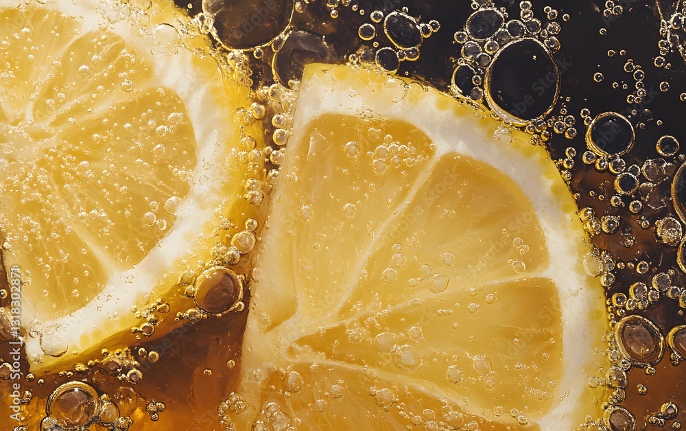 Poster close-up of fresh lemon slices submerged in a fizzy beverage, showcasing vibrant colors and bubbles,