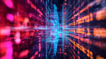 Obraz premium This vibrant abstract image showcases a futuristic data flow with bright colors, creating an immersive digital environment that conveys speed and innovation.