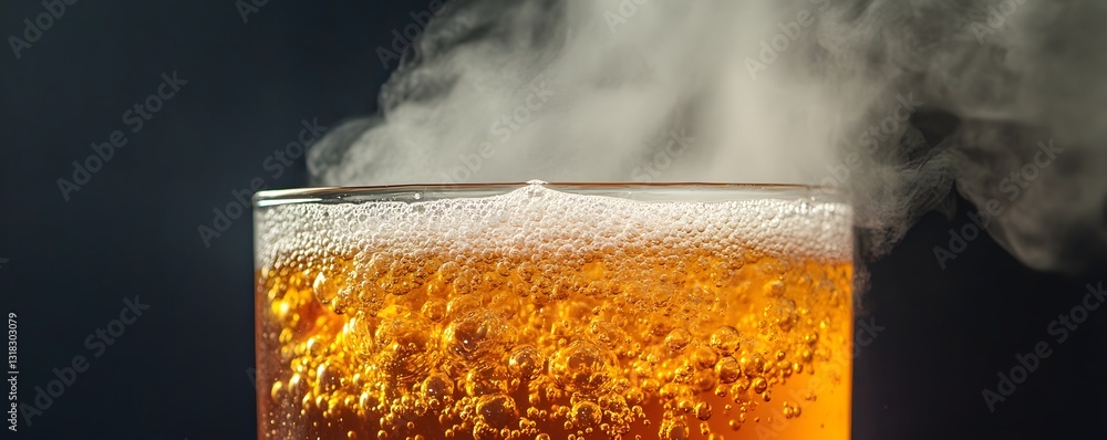 Poster close-up view of a refreshing beverage with bubbles and steam, showcasing the vibrant color and effe