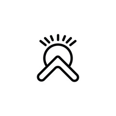 Simple line art icon of a sun rising over mountains