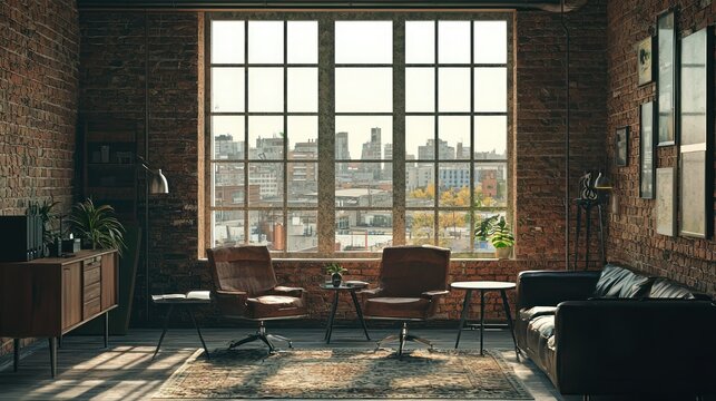 A loft-style creative office with high ceilings and a brick-wall city view